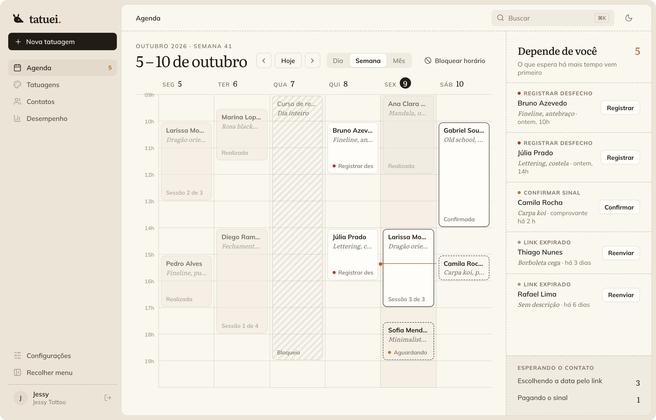 Agenda da semana com sessões e ações pendentes.