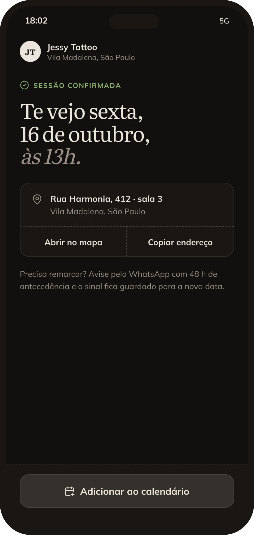 Link de agendamento: sessão confirmada com data, horário e endereço.
